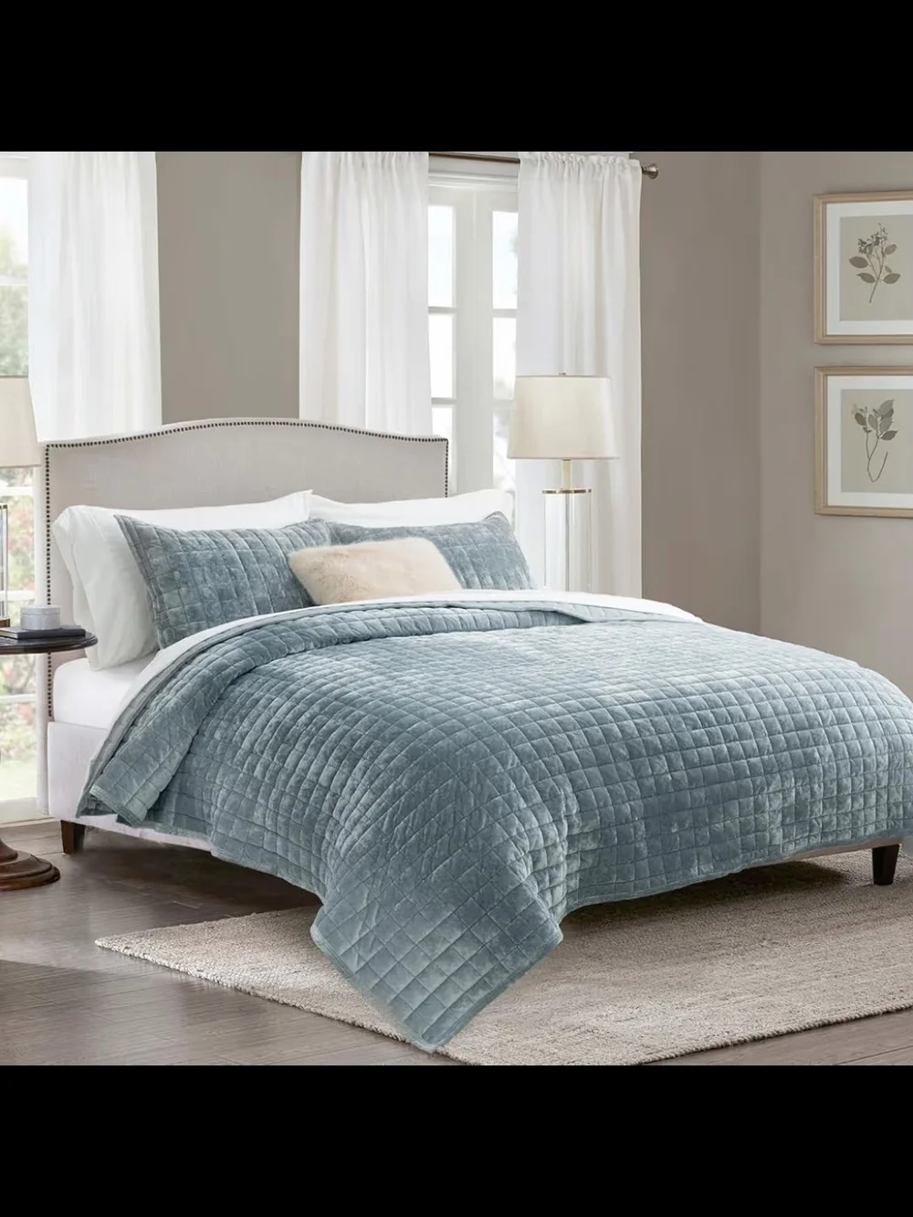 Plush Quilted Velvet Comforter Set - Blue Linen